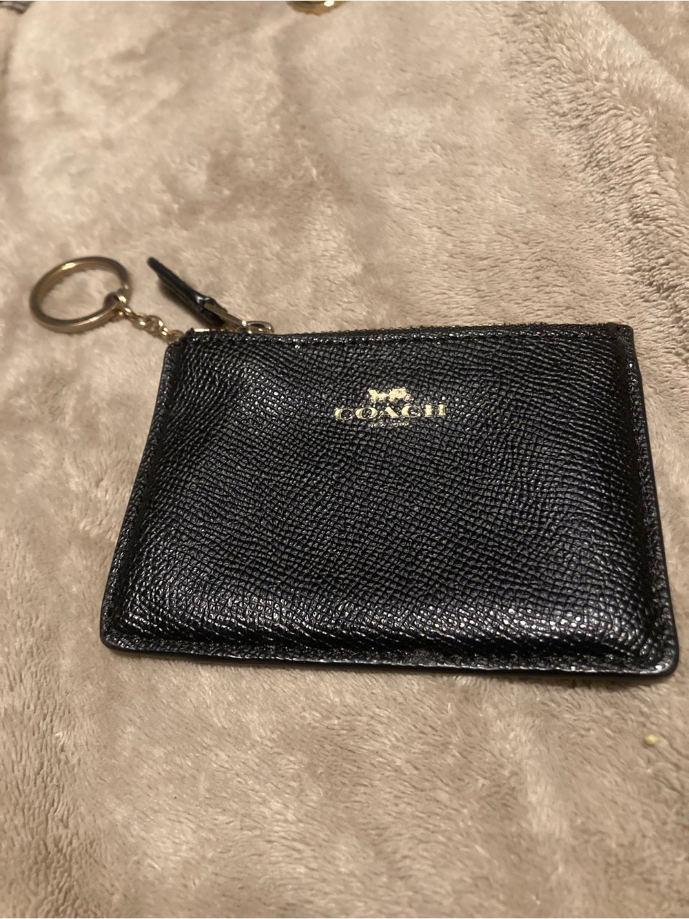 Coach Black Pebbled Leather Card Holder with Gold Keyring